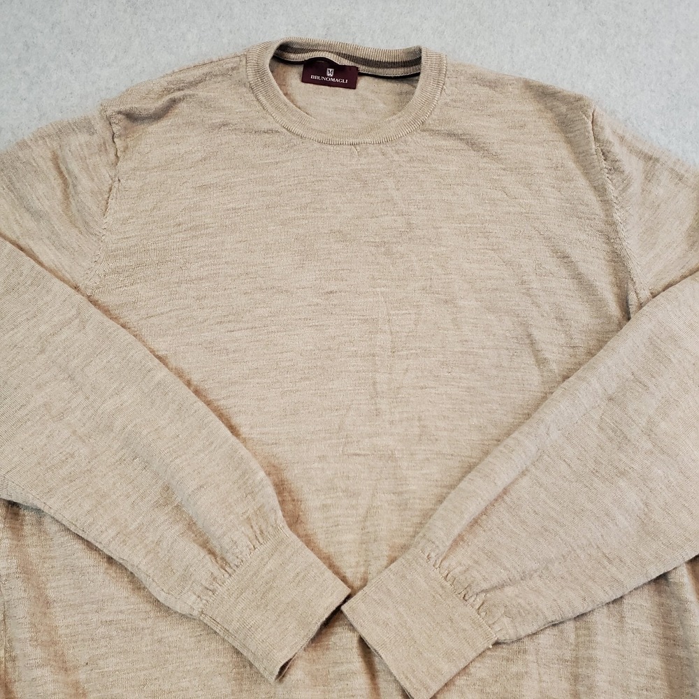 BRUNO MAGLI Sweater Mens XL (US Large) Beige 100% Merino Wool Pullover Crew Neck